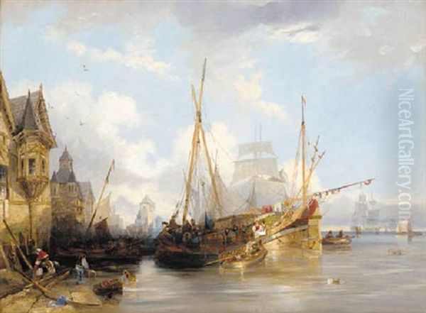 A Continental Harbour Oil Painting by Alfred Montague