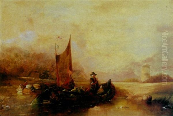 A River Landscape With Figures In A Boat In The Foreground Oil Painting by Alfred Montague