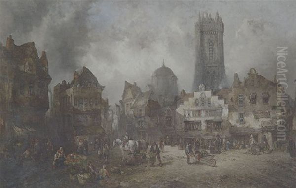 A Continental Market Square Oil Painting by Alfred Montague