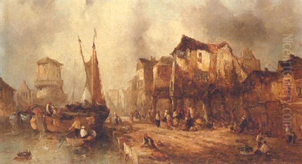 A Continental Harbour Oil Painting by Alfred Montague