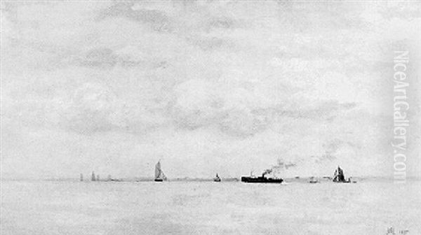 Seascape With Sailboats And Steamer Oil Painting by Alfred Montague