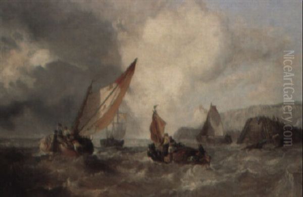 Fishing Vessels In A Stiff Breeze Off The White Cliffs Oil Painting by Alfred Montague