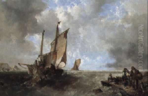 A Fishing Vessel Salvaging Some Wreckage And Fisherfolk With A Spaniel Oil Painting by Alfred Montague