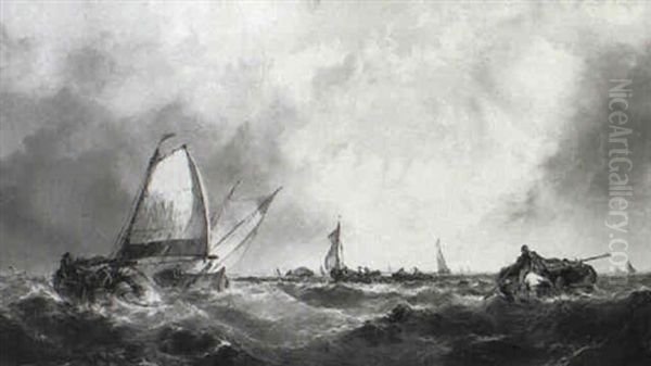 Fishing Boats In A Choppy Sea Oil Painting by Alfred Montague