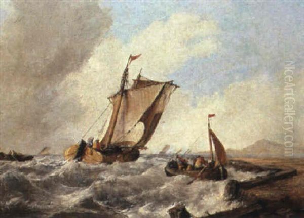 Boats At A Harbour Mouth In Stormy Seas by Alfred Montague