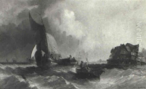 Many Vessels On A Turbulent Sea Near Port Oil Painting by Alfred Montague