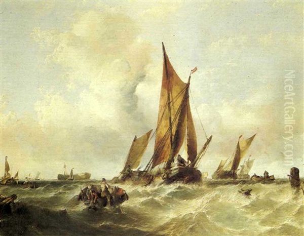 Fishing Boats Offshore In Choppy Sea Oil Painting by Alfred Montague