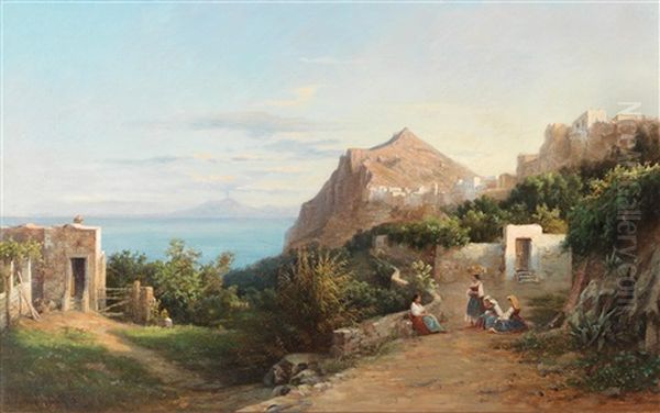 Motif Of Capri With View Of Vesuvius Oil Painting by Julius O. Montalant