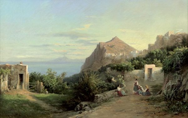 Blick Von Capri Uber Das Meer, Im Hintergrund Der Vesuv Oil Painting by Julius O. Montalant