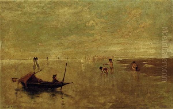 Boys Fishing In The Venetian Lagoon Oil Painting by Hilda Montalba