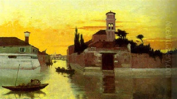 A Venetian Canal At Sunset Oil Painting by Hilda Montalba