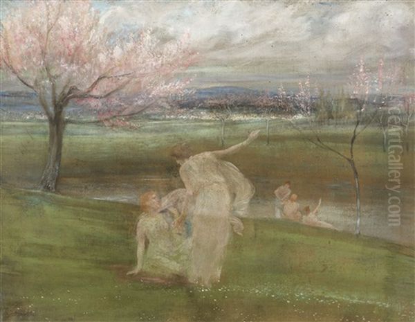 Nymphs On The Banks Of The Pond Oil Painting by Constant Montald