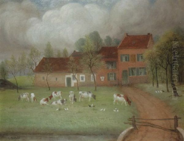 Vaches Au Pre Devant Une Ferme Oil Painting by Constant Montald