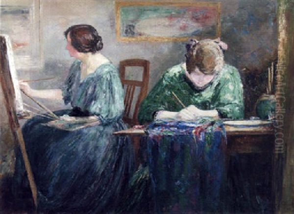 The Artist's Wife Gabrielle And Marthe Verhaeren At Work Oil Painting by Constant Montald