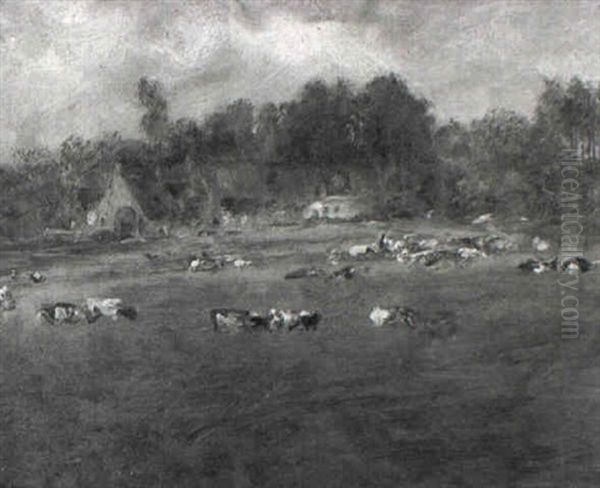 Vaches Dans Un Champs En Face D'un Village Oil Painting by Constant Montald