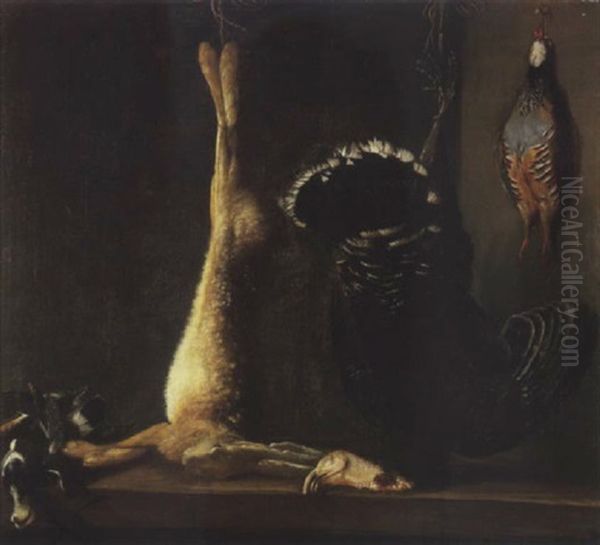 A Hanging Dead Hare, Turkey And Other Game On A Wooden Table Oil Painting by Bartolome Montalvo