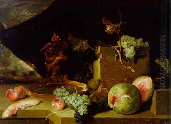 Melons, Grapes And Peaches On A Stone Plinth Beside A Fountain, A Landscape Beyond Oil Painting by Bartolome Montalvo