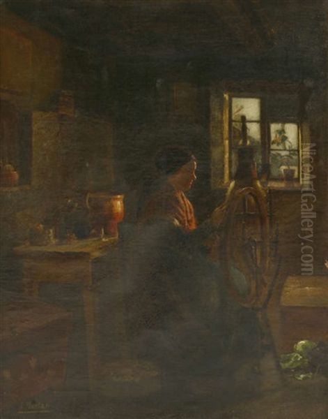 A Cottage Interior With A Woman At A Spinning Wheel Oil Painting by Anders Montan