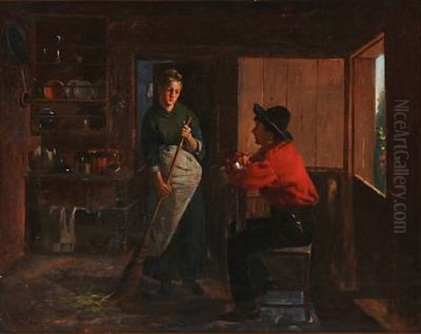 Kitchen Interior With A Flirting Couple Oil Painting by Anders Montan