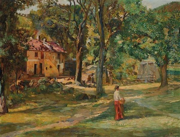 Casolare Nel Bosco Con Figura Femminile Oil Painting by Evasio Montanella