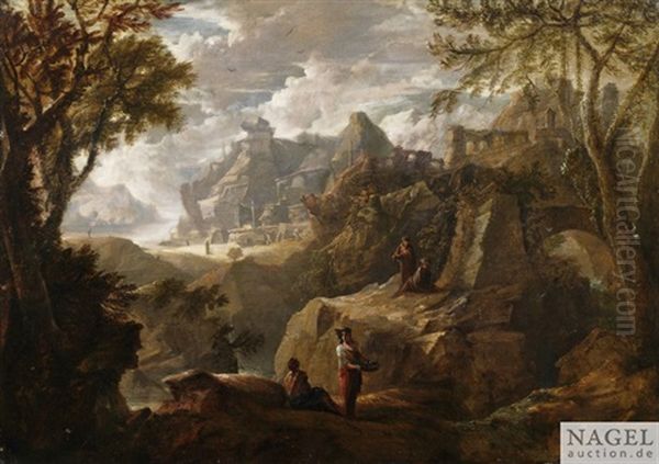 Weite Gebirgslandschaft Mit Ruinen Und Figurenstaffage Oil Painting by Pietro Montanini