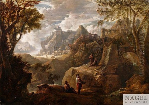 Weite Gebirgslandschaft Mit Ruinen Und Figurenstaffage Oil Painting by Pietro Montanini