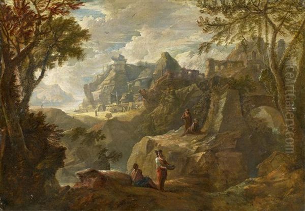 Weite, Zerkluftete Gebirgslandschaft Mit Figurenstaffage Oil Painting by Pietro Montanini