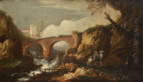 A Mountainous Landscape With Figures Before A Bridge by Pietro Montanini