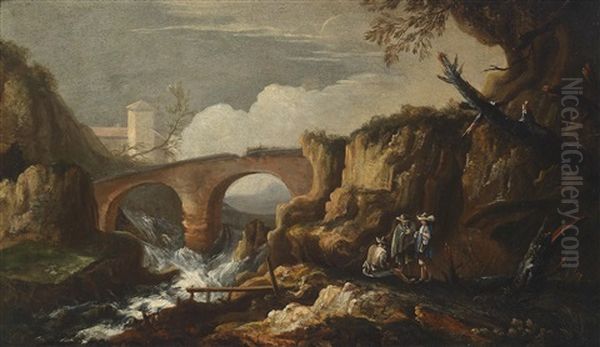 Eine Berglandschaft Mit Einer Brucke Und Figurenstaffage Oil Painting by Pietro Montanini