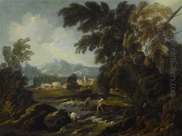 Fischer In Einer Weiten Flusslandschaft Oil Painting by Pietro Montanini