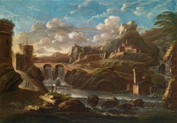 Eine Felsige Landschaft Mit Einem Kastell, Einem Wasserfall Und Einer Brucke Oil Painting by Pietro Montanini