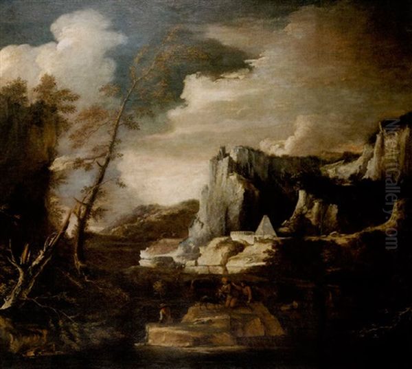 A River Landscape With Anglers On The Rocks In The Foreground Oil Painting by Pietro Montanini