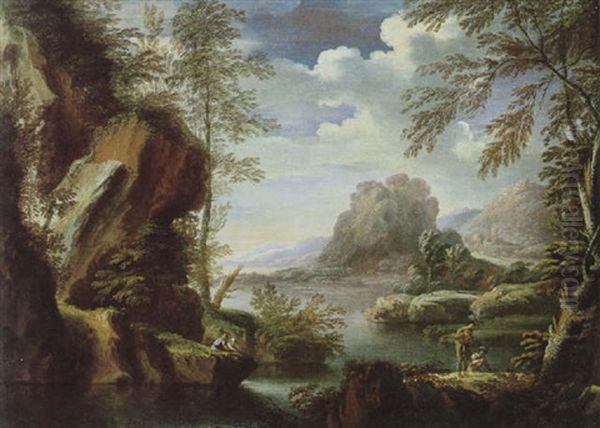 Gebirgige Fluslandschaft Mit Figuren Oil Painting by Pietro Montanini