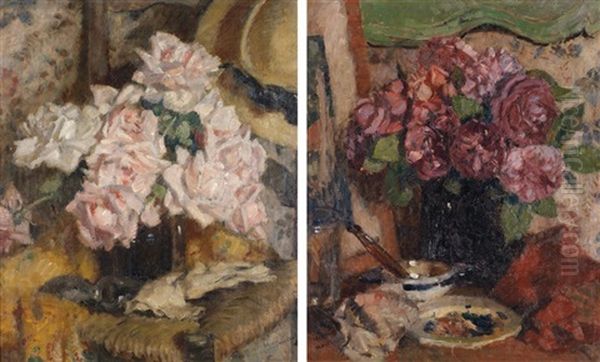 Bouquet De Roses And Bouquet D'anemones (2 Works) Oil Painting by Henri Montassier