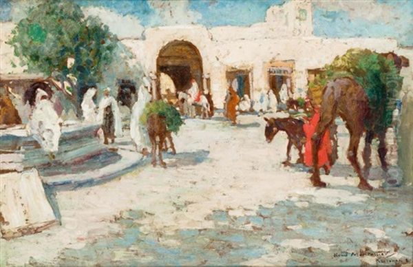 La Place De Tunis A Kairouan Oil Painting by Henri Montassier