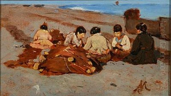 Italian Fishermen's Wives Clean Nets On The Beach Oil Painting by Eduardo Monteforte