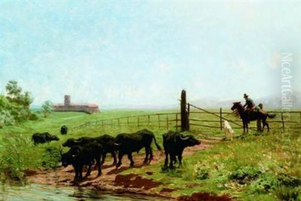 Buffles Dans La Campagne Romaine Oil Painting by Eduardo Monteforte