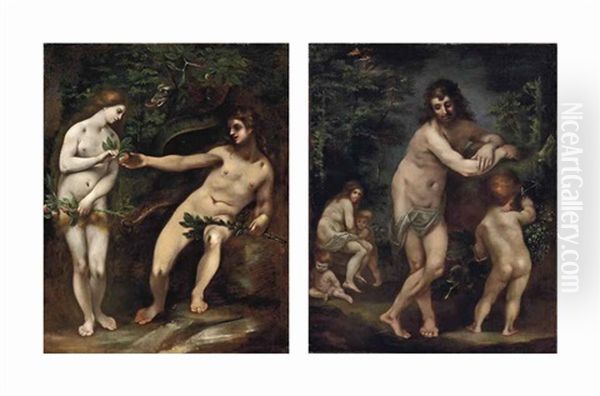 Adam And Eve (+ The Family Of Adam And Eve; Pair) Oil Painting by Francesco (Cecco Bravo) Montelatici