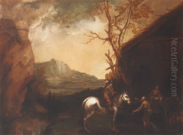 Mountainous Landscape With A Rider And Figures Conversing Before A Barn Oil Painting by Francesco (Cecco Bravo) Montelatici