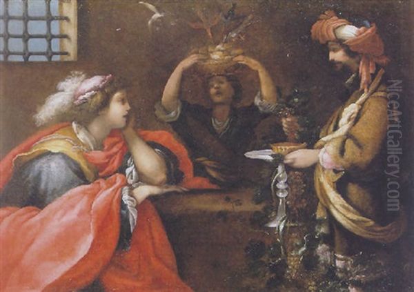 An Elegant Youth Being Attended By Servants With Food And Wine In Prison Oil Painting by Francesco (Cecco Bravo) Montelatici