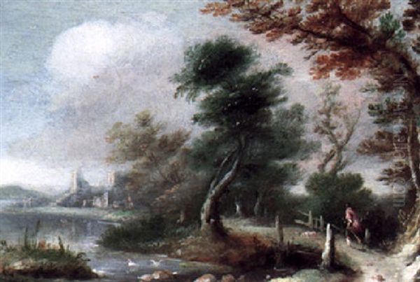 River Landscape With A Traveller And A Dog Oil Painting by Francesco (Cecco Bravo) Montelatici