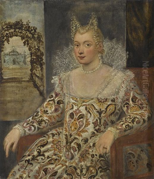 Portrait Of A Noblewoman, In An Elaborate Dress With High Lace Collar, A Palazzo In A Garden Beyond Oil Painting by Francesco Montemezzano