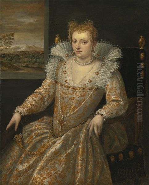 Portrait Of A Lady, Three-quarter Length, Seated Beside A Window, An Extensive Landscape Beyond Oil Painting by Francesco Montemezzano