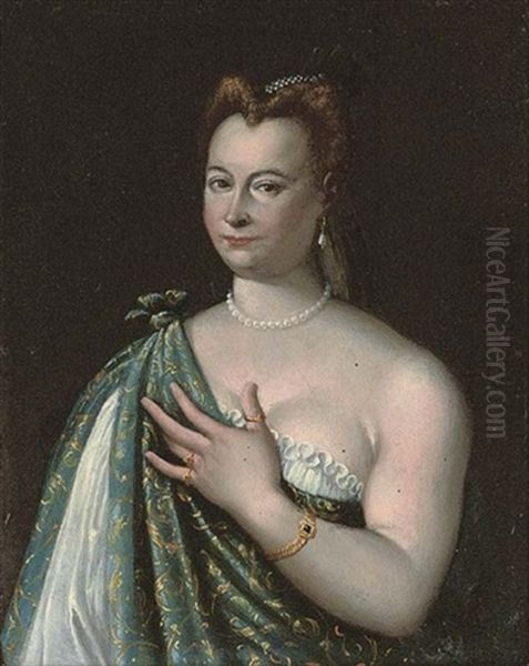 Portrait Of A Courtesan Wearing A Loose White Chemise And Green And Gold Embroidered Shawl Over Her Right Shoulder Oil Painting by Francesco Montemezzano