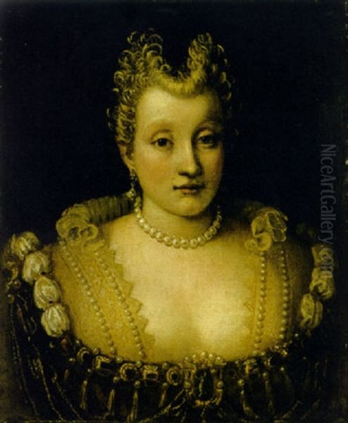 Portrait Of A Lady (of The Contarini Family?) In An Elaborate Dress With Jewels And A Pearl Necklace And Earrings Oil Painting by Francesco Montemezzano