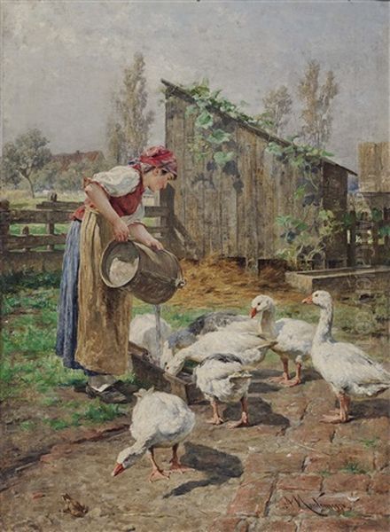 Thirsty Geese Oil Painting by Antonis Matteo Montemezzo