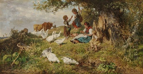 Dachau Farmers Wife With Children And Geese Oil Painting by Antonis Matteo Montemezzo