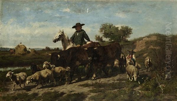 Bauer Zu Pferd Mit Kuhen Und Schafen Oil Painting by Antonis Matteo Montemezzo