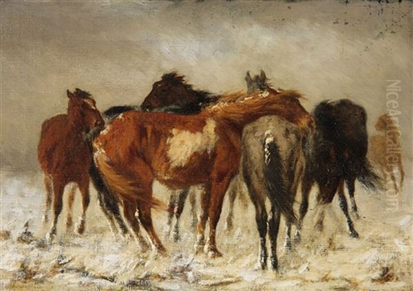 Horses In Winter Oil Painting by Antonis Matteo Montemezzo