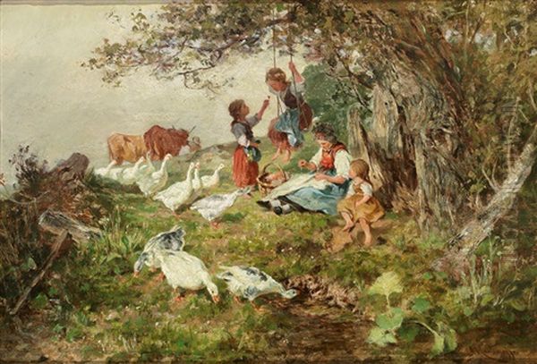 Landliches Idyll Mit Spielenden Kindern, Bauerin Und Ganseschar An Einem Fruhlingstag Oil Painting by Antonis Matteo Montemezzo